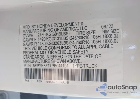 2023 Honda Ridgeline Sport из США, поврежденный, VIN 5FPYK3F17PB044191